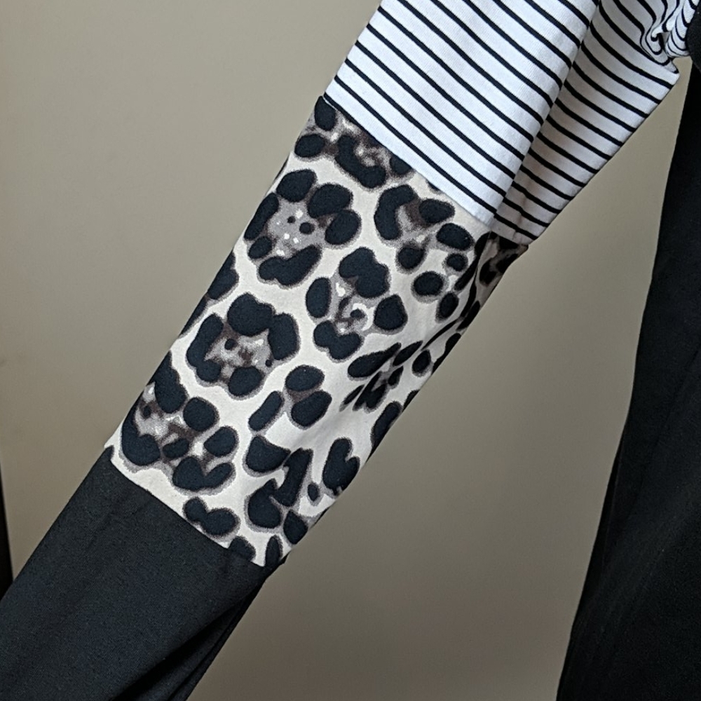 Black and White Women's Top with Leopard Print Sleeves - Picture 3 of 3